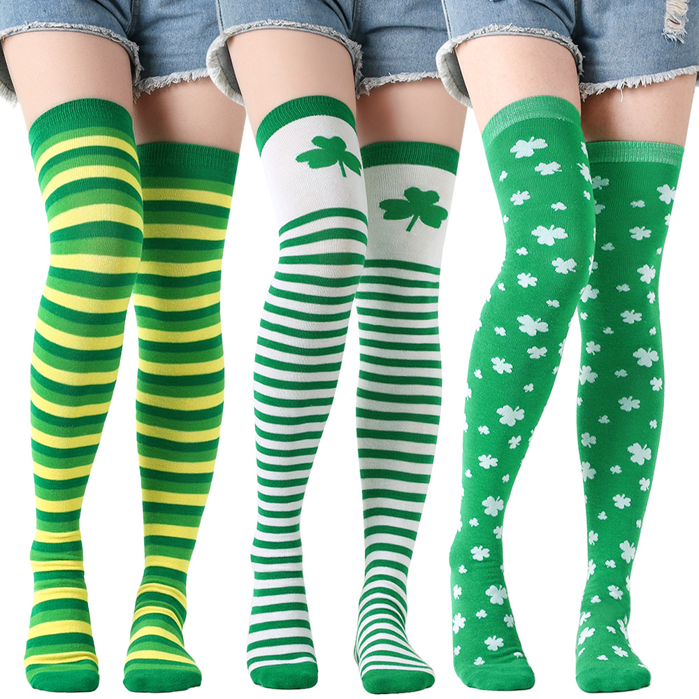 Irish Saint Thigh High Stockings Shamrock Striped Over Knee Sock